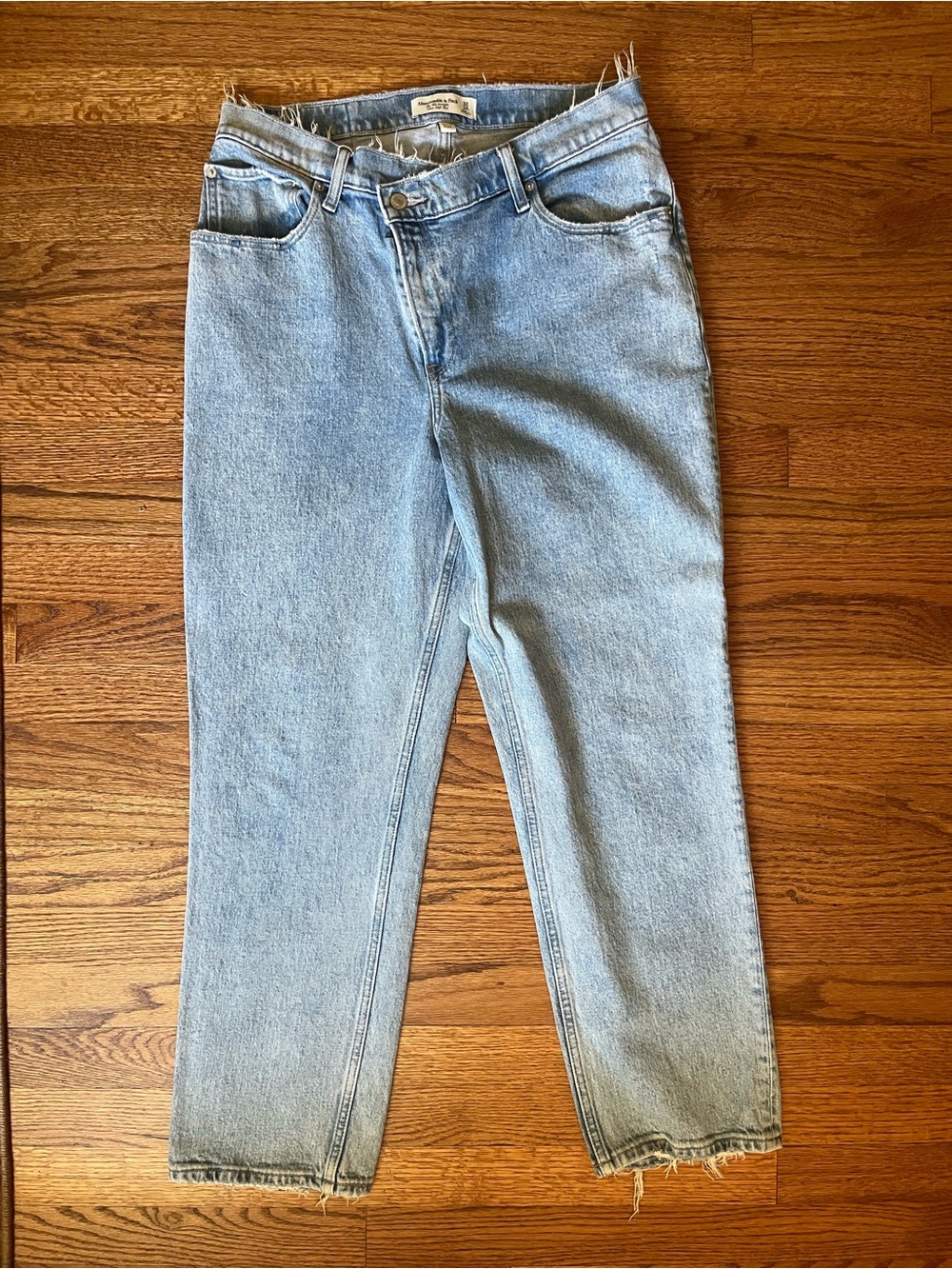 Abercrombie Light Blue Asymmetrical 90s Straight Ultra High Rise Jeans.
